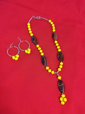 Handmade beaded Necklace with Yellow Glass beads and Agate Gem