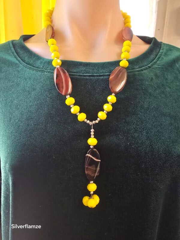 Natural Brown Agate Yellow Glass Bead Necklace