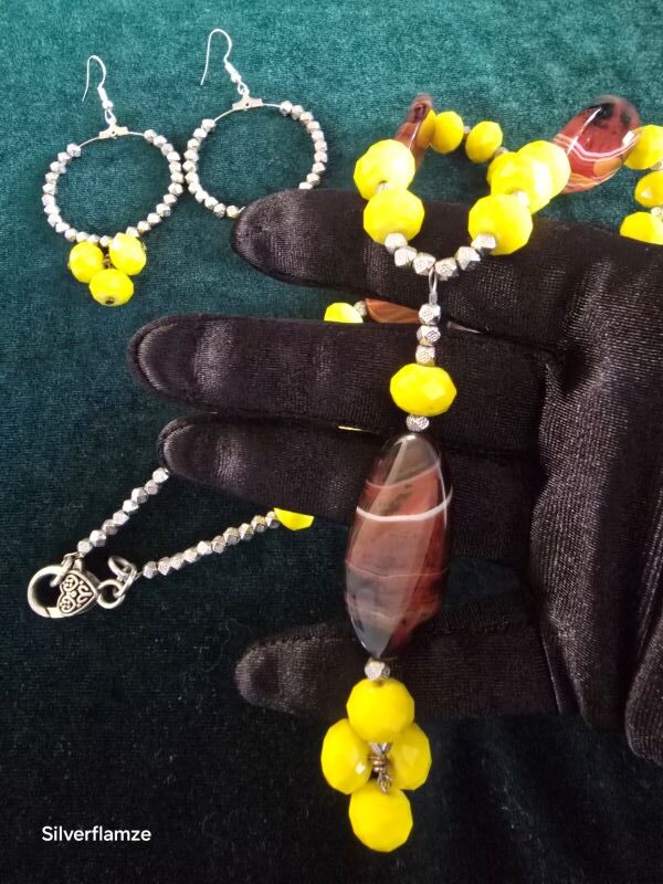 Natural Brown Agate Yellow Glass Bead Necklace