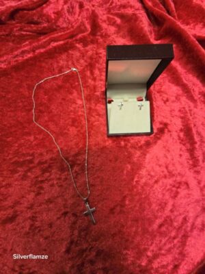 Sterling Silver Curb Chain Cross Pendant Earrings