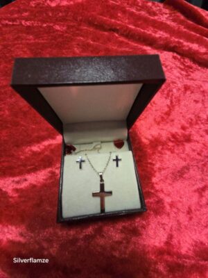 Sterling Silver Curb Chain Cross Pendant Earrings