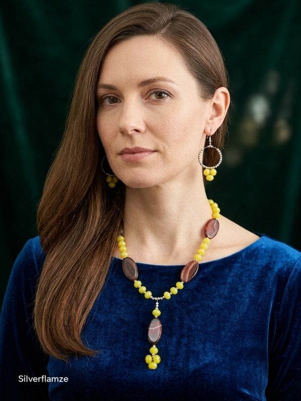Natural Brown Agate Yellow Glass Bead Necklace