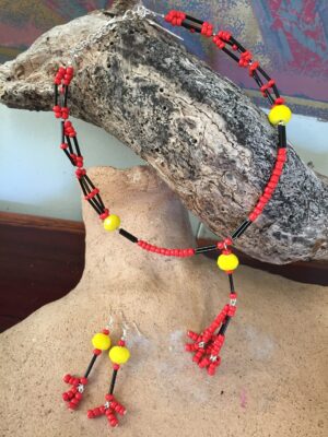 Red yellow black glass bead necklace with matching Earrings