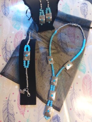 Blue Glass Bead Necklace with Earrings and Bracelet