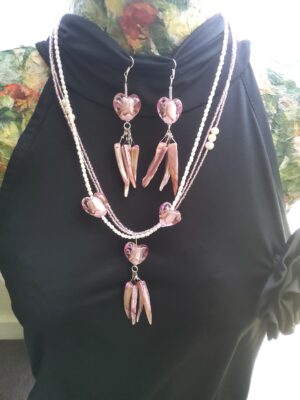 Freshwater Pearl and Pink Glass Heart Bead Necklace and Earrings