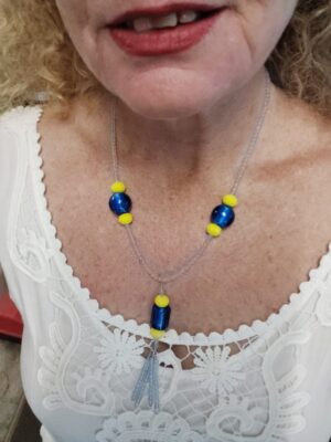 Blue and Yellow Glass Bead Necklace with Bracelet and Earrings