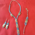 Blue Glass Bead Necklace with Earrings and Bracelet