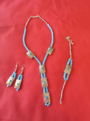 Blue Glass Bead Necklace with Earrings and Bracelet