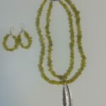 Peridot chip gem Necklaces with Feather pendant and matching Earrings