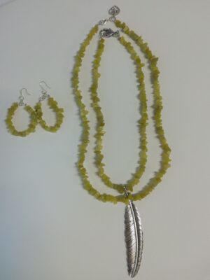 Peridot chip gem Necklaces with Feather pendant and matching Earrings