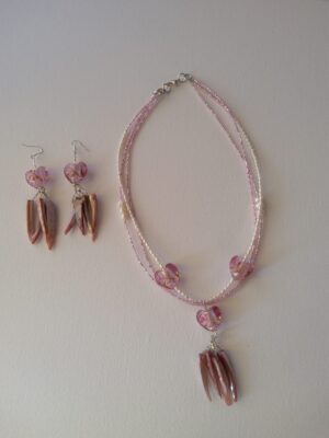 Freshwater Pearl and Pink Glass Heart Bead Necklace and Earrings