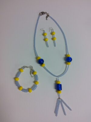 Blue and Yellow Glass Bead Necklace with Bracelet and Earrings