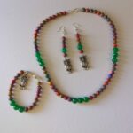 Red Green Purple Agate and Green Emerald bead Necklace with Owl Bracelet and Earrings