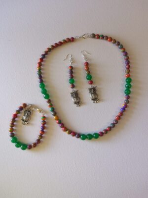 Red Green Purple Agate and Green Emerald bead Necklace with Owl Bracelet and Earrings