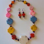 Rainbow Howlite Cross bead Necklace with Earrings