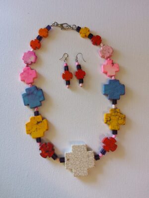 Rainbow Howlite Cross bead Necklace with Earrings