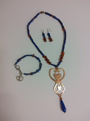 Lapis Lazuli and Carnelian bead Necklace Copper Heart design Set