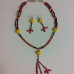 Red yellow black glass bead necklace with matching Earrings