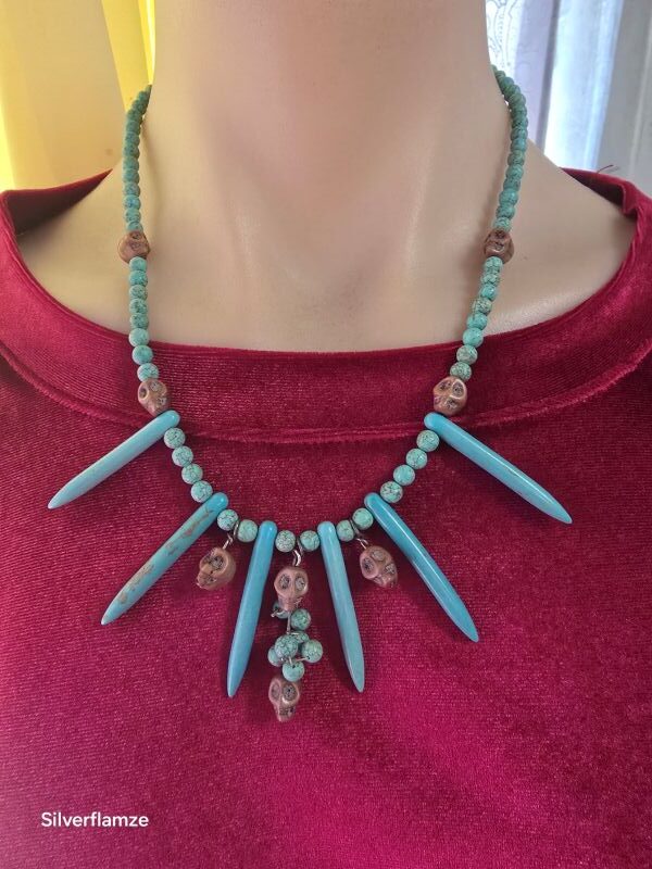 Brown Skull Blue Howlite Bead Necklace