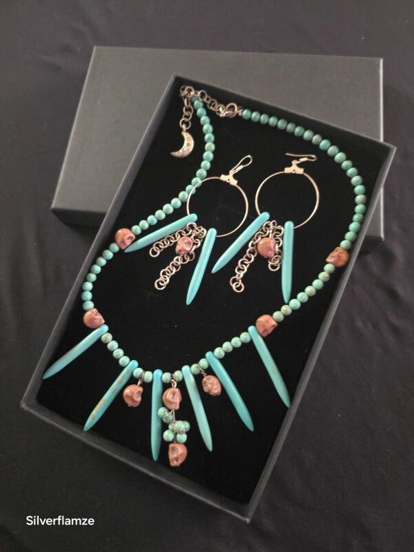 Brown Skull Blue Howlite Bead Necklace
