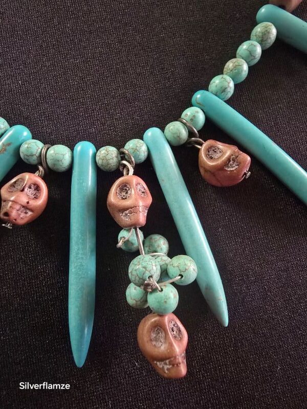 Brown Skull Blue Howlite Bead Necklace