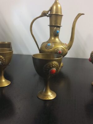 Antique Jewelled Arabic Brass Dallah Aftaba Islamic and goblets