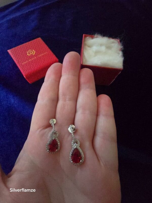 Red Glass Zircon Sterling Silver Stud Earrings - Image 3