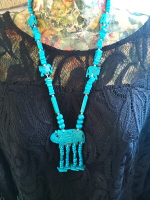 Vintage Turquoise Dyed Bone Elephant Beaded Necklace