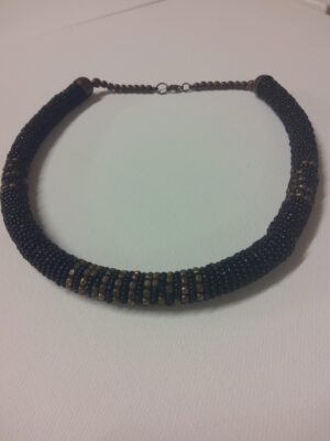 Vintage Black Beaded Tube Brass Handmade Necklace