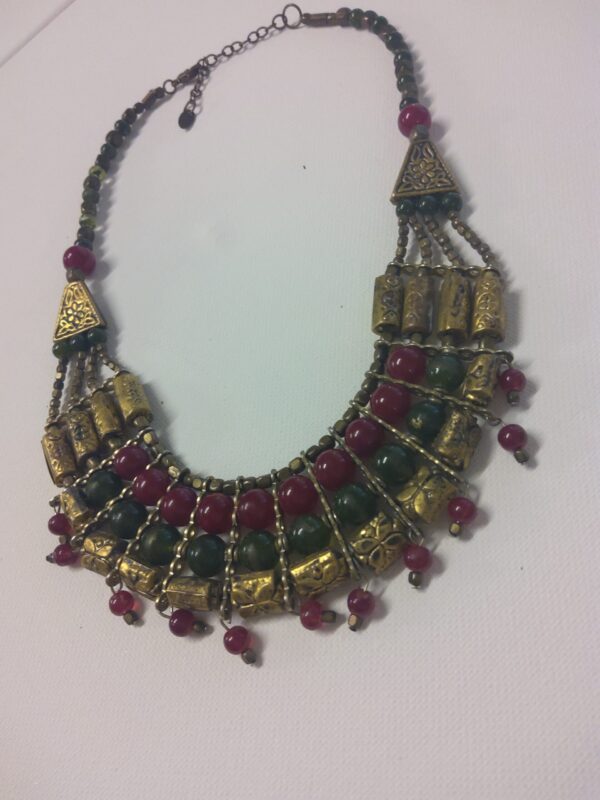 Vintage Tibetan Boho Red And Green Brass Handmade Necklace