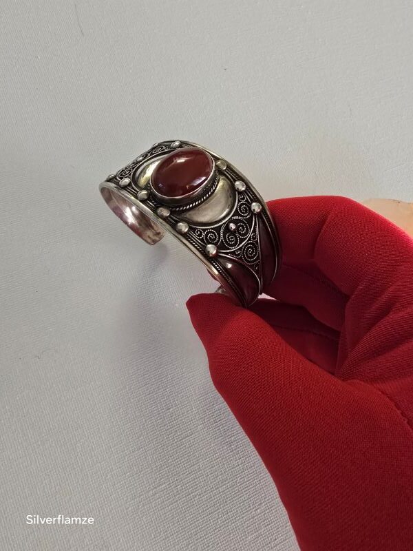 Sterling Silver Carnelian Gem Cuff Bangle - Image 7