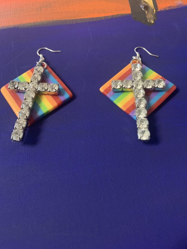 Rainbow resin crystal cross earrings