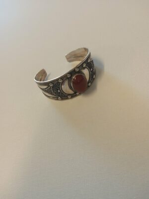 Sterling Silver Carnelian Cabochon Ornate Cuff Bangle