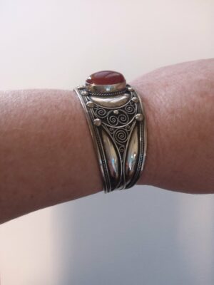 Sterling Silver Carnelian Cabochon Ornate Cuff Bangle