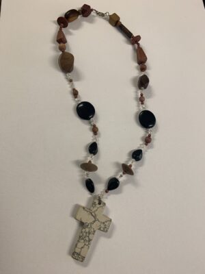 Vintage Wooden Beaded Howlite Cross Necklace