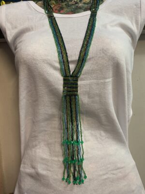 Glass Seed Bead Vintage Green Blue Long Necklace