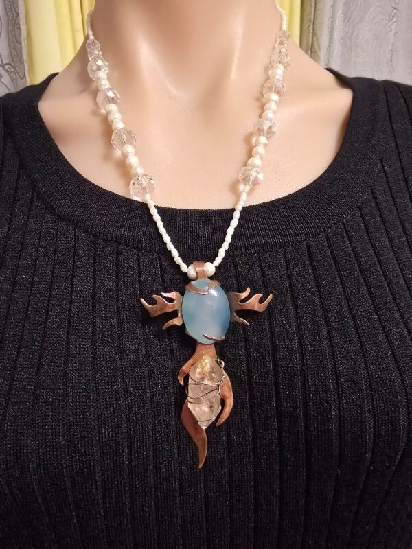 Copper Flamze Cross Pendant Beaded Necklace