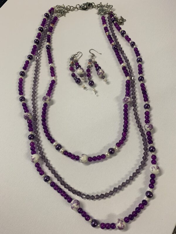 Purple Glass Porcelain Beaded Necklace Earrings