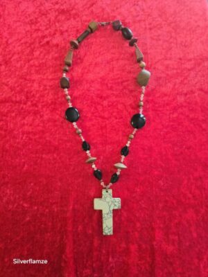Wood Beaded White Howlite Cross Necklace