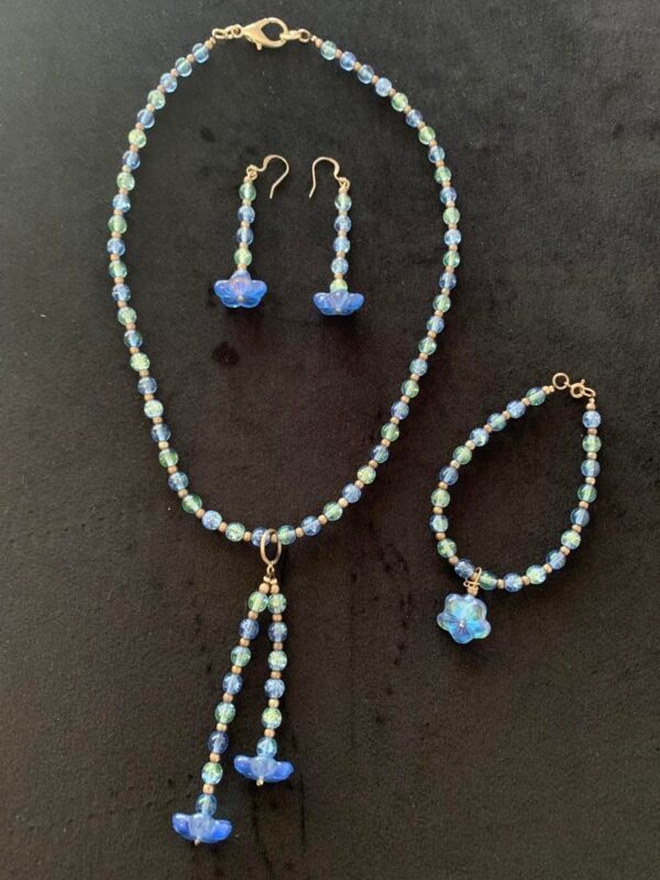 Blue Glass Flower Necklace Earrings