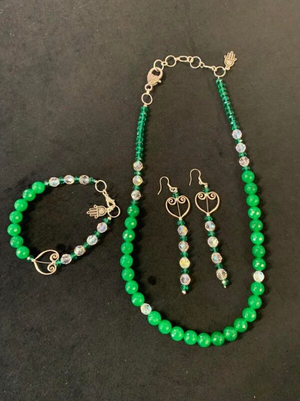 Green Emerald and Crystal Necklace bracelet earrings