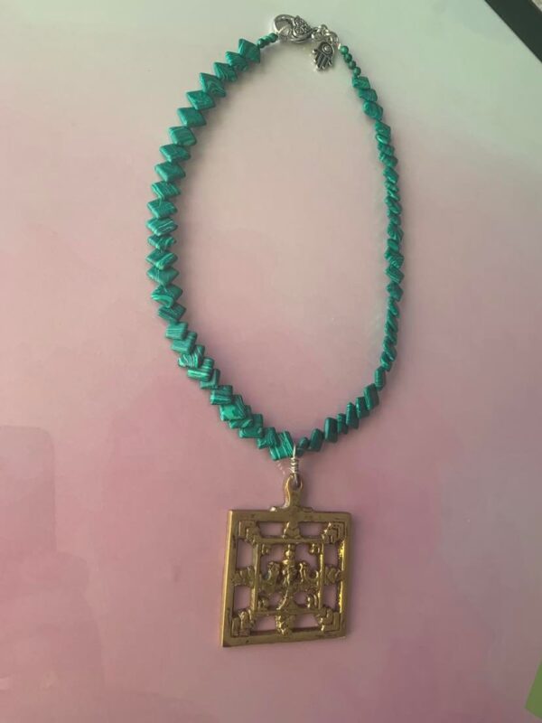 Green Malachite and Brass Square Necklace