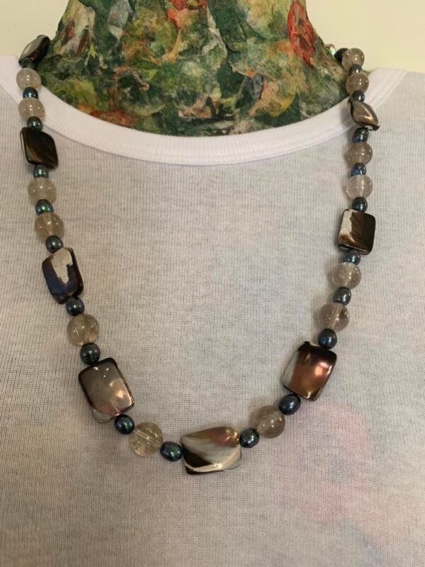 Grey Water Pearl Shell and Quartz Necklace