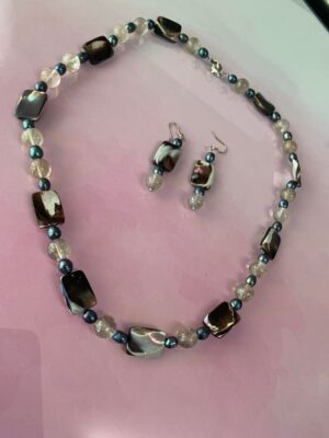 Grey Water Pearl Shell and Quartz Necklace Earrings