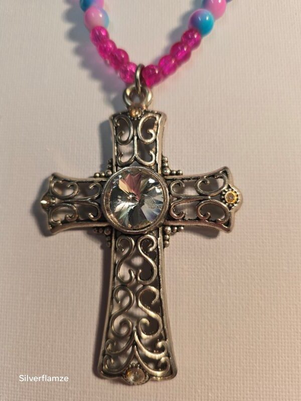 Pastel Pink Blue Bead Pearl Cross Necklace - Image 5