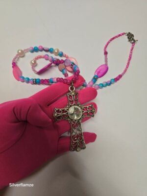 Pastel Pink Blue Bead Pearl Cross Necklace