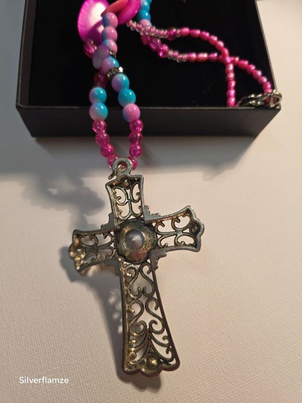 Pastel Pink Blue Bead Pearl Cross Necklace - Image 4