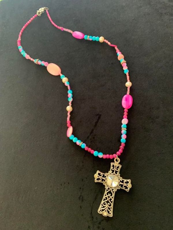 Pastel Pink Blue Bead Pearl Cross Necklace