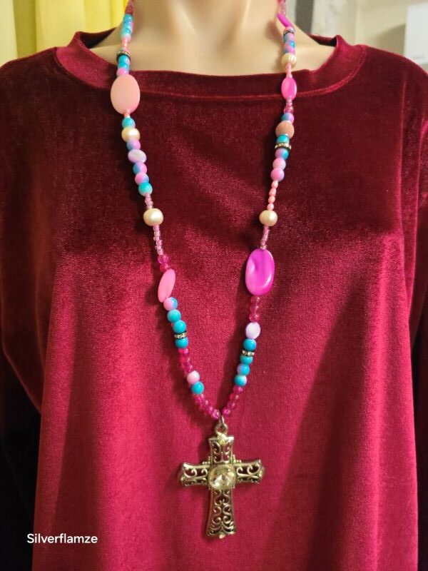 Pastel Pink Blue Bead Pearl Cross Necklace