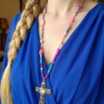 Pastel Pink Blue Bead Pearl Cross Necklace